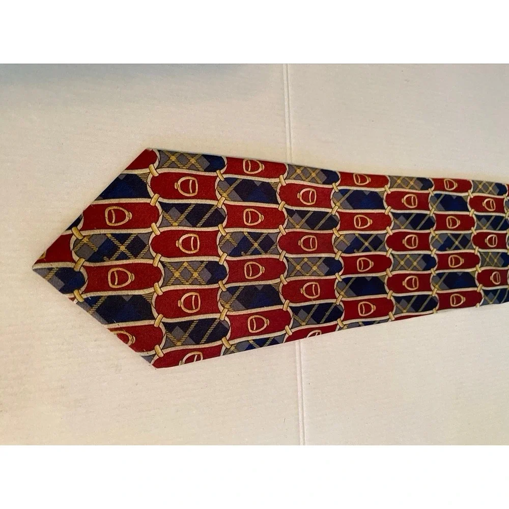 Rene Chagal Mens Silk Necktie Red Navy Blue Plaid Equestrian Stirrup Handmade